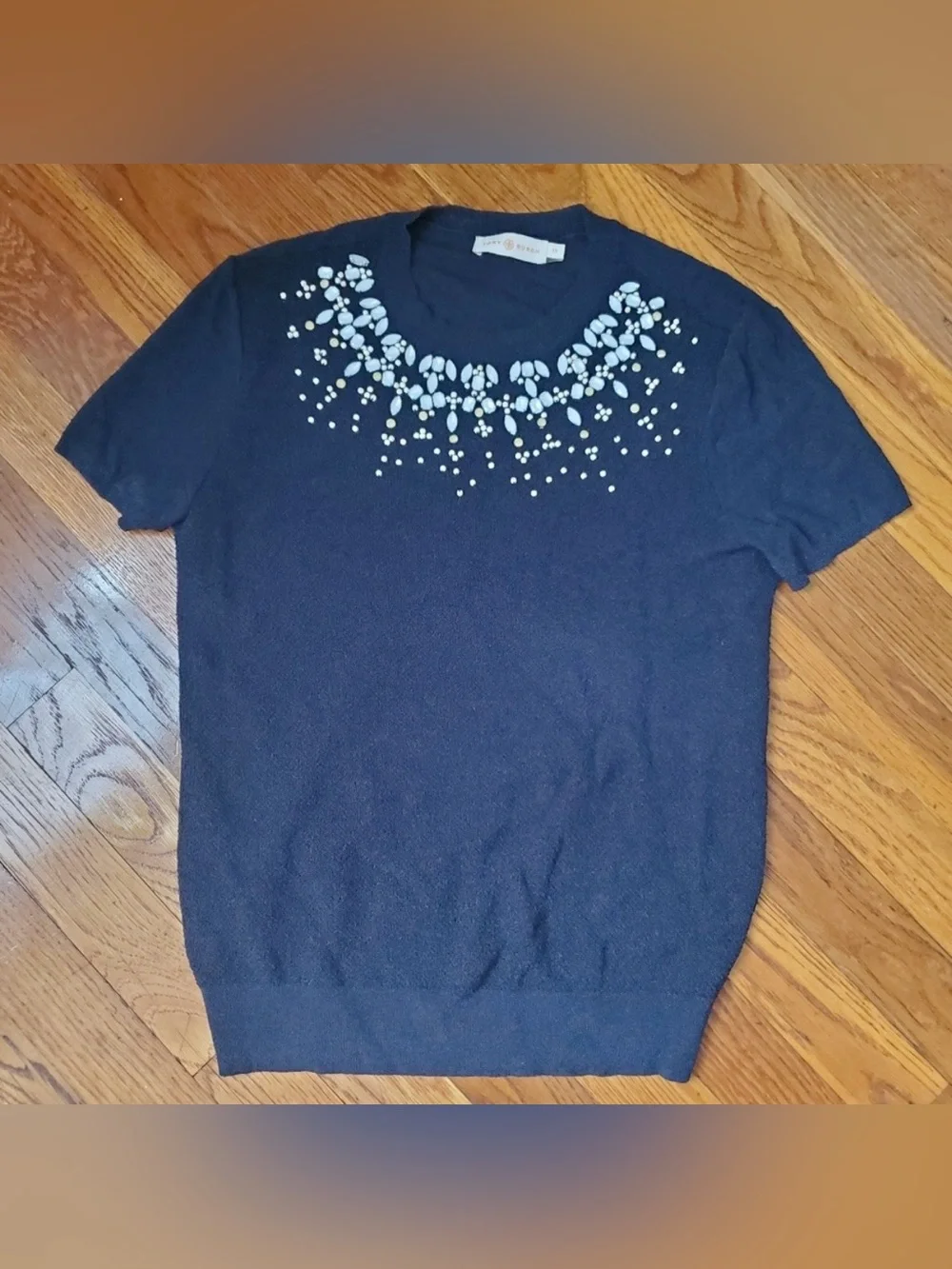 Tory Burch Pierce Navy Embellished Crystal Jewel Short Knit  Sleeve Sweater XS